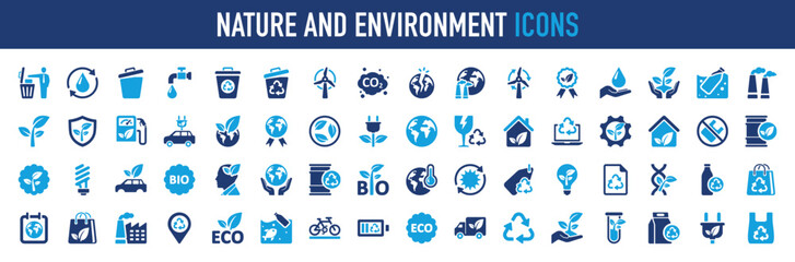 Set of Nature and environment vector icon. Delete, Ecology, Renewable, Garbage Can, Industrial, Save, Tea , Vehicle, Danger, Beach, Award, Leaf, Power, Globe, Trash Can, Home, Remove illustration.
