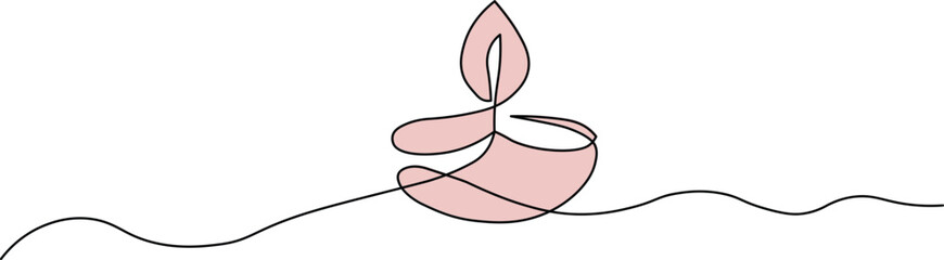 Elegant one-line art of a Diya lamp with soft pink fill, ideal for Diwali invitations or cultural event promotions, conveying peace, light and prosperity this festive season
