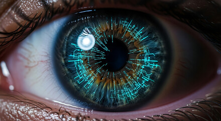 Intense human eye displaying sophisticated digital circuit patterns, embodying the fusion of biology and artificial intelligence, biometric security, and the future of integrated technology