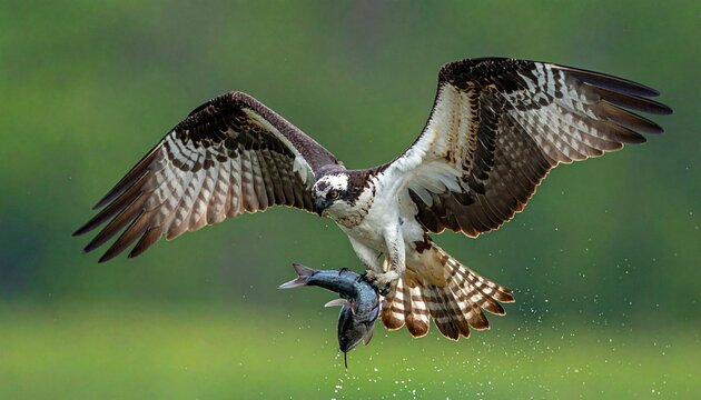 un &aacute;guila pescadora en pleno vuelo, alas extendidas mostrando su envergadura poderosa. El ave sostiene con sus garras un pez plateado reci&eacute;n capturado, con gotas de agua cayendo