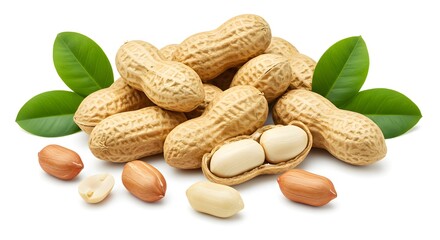 Raw Peanuts in Shell and Peeled on White Background