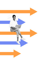 Vertical photo collage of happy american girl type macbook device work arrow pointer promotion concept aim isolated on painted background