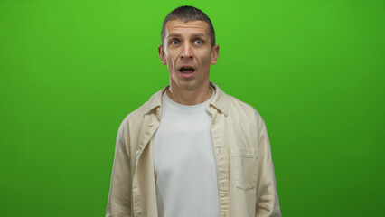 Fototapeta premium Man with an expressive realization gesture against a vibrant green wall, wearing a casual shirt and exuding a sense of understanding in a bright isolated setting