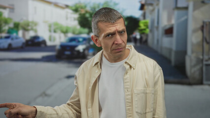Caucasian man making gesture outdoors on a busy street, showing a serious expression during...