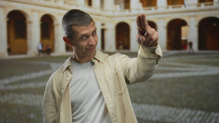 Fototapeta premium Man gesturing with fingers on his head in a historic university courtyard setting showcasing an architectural background and casual attire appearance outdoors.