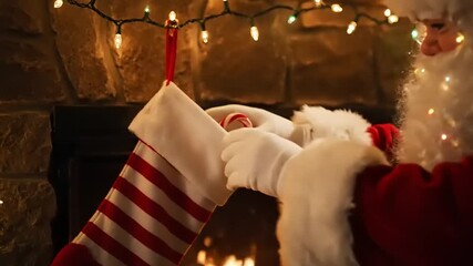 Santa claus placing candy cane into christmas stocking hanging over fireplace in cozy living room during holiday season, creating festive atmosphere. - Powered by Adobe