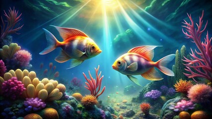 Fototapeta premium Radiant Reef Dwellers Two Vibrant Fish Gracefully Navigate a Sunlit Coral Garden