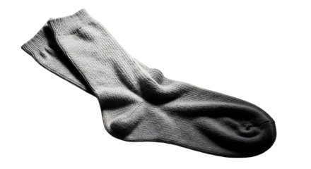 A single, wrinkled, grey sock lies on a white background, casting a subtle shadow.