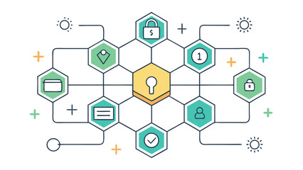 A network of interconnected icons with a key in the middle. The key is surrounded by a green circle and the icons are green and yellow. Concept of a complex system with many interconnected parts
