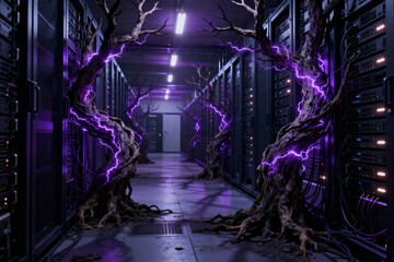 Eerie Server Room Hallway Invaded By Glowing Purple Lightning Trees Cyber Security Threat