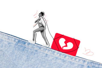 Composite trend sketch image photo collage of love heart banner social media app website young lady hand hold rope push up icon like