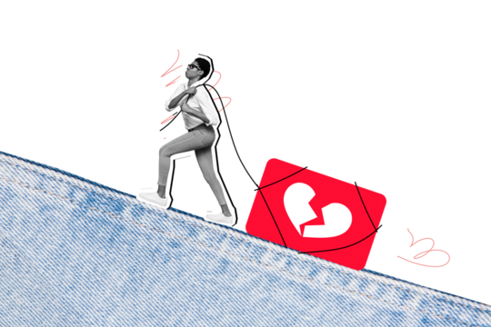 Composite trend sketch image photo collage of love heart banner social media app website young lady hand hold rope push up icon like