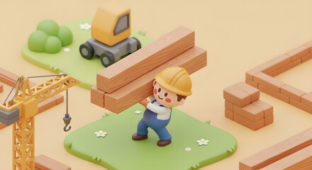 little construction worker carrying wood beams