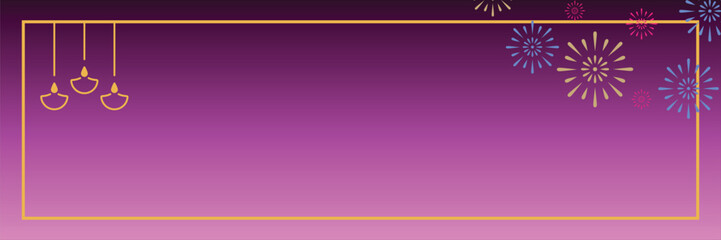 Celebrate Diwali with a custom invitation or warm greeting card using this vibrant purple background featuring hanging diya lamps and festive fireworks elements perfect for the occasion
