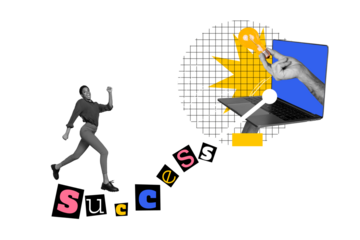 Creative trend collage of young female office worker netbook electric bulb start up idea unusual fantasy billboard comics