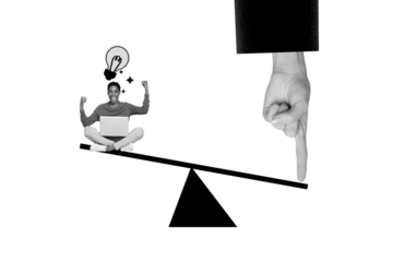 Composite photo collage of happy american girl sit scales hand finger push development light bulb laptop isolated on painted background