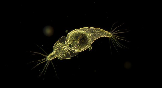 A close-up of a protozoan parasite with a rounded shape, textured surface, and flagella, set against a blurred background.