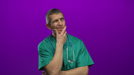 Man in green medical uniform appears thoughtful against a vibrant purple background, with a stethoscope around his neck, conveying a sense of reflective professionalism.