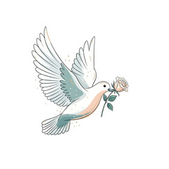Obraz premium A white dove with outstretched wings carries a delicate pink rose in its beak, symbolizing peace and love.