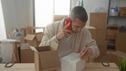 Man talking on phone in living room surrounded by cardboard boxes, unpacking items suggestive of...