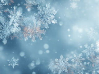 青いグラデーションに雪の結晶が舞う冬の背景