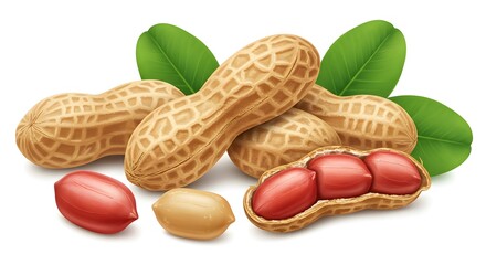 Raw Peanuts in Shell and Peeled on White Background
