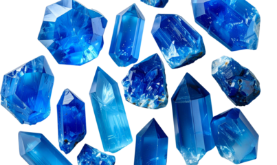 Top-Down View of Scattered Blue Quartz Points with Detailed Facets, Transparent Background, PNG