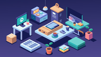 Obraz premium A lively and colorful office space with various items scattered around. There is a computer on a desk, a box, a potted plant, a cup, and a book. The room is filled with a sense of productivity