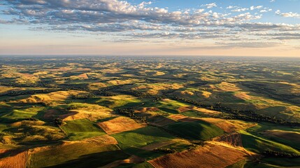 An aerial landscape shows rolling hills & farmland bathed in sunlight under a cloudy sky