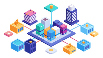 A cityscape with many buildings and a network of roads. The buildings are of different colors and sizes, and the roads are connected to each other
