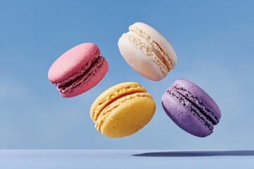 Colorful macarons floating against clear blue sky, showcasing de