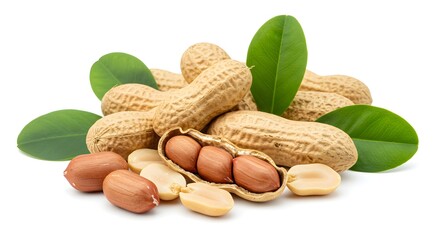 Raw Peanuts in Shell and Peeled on White Background