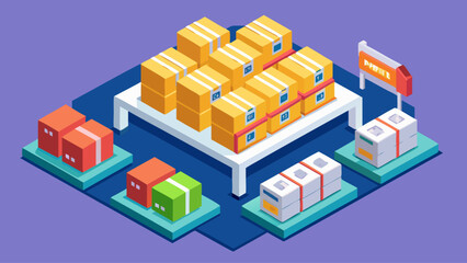 Fototapeta premium A blue and purple background with a white table in the middle. The table is covered with boxes of different sizes and colors