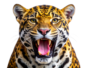 Jaguar Head Roaring Front View, Open Mouth with Sharp Fangs, Isolated PNG 