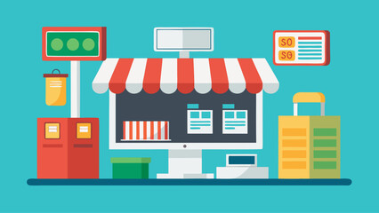 A computer monitor is placed on a table with a store front and a shopping cart. The store front is displayed on the monitor, showing a variety of products and a checkout counter