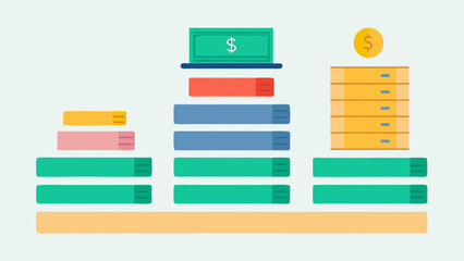 A stack of books is on a shelf with a dollar bill on top. The books are stacked in a pyramid shape, with the top book being the largest