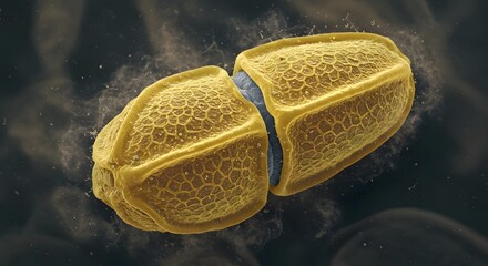 A close-up of winged pine pollen grains showing detailed surface textures and elongated shapes.