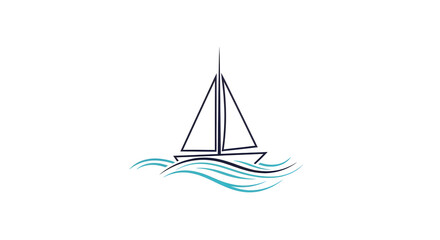 Minimalist Line Art of a Sailboat Sailing on Gentle Blue Waves against a White Background