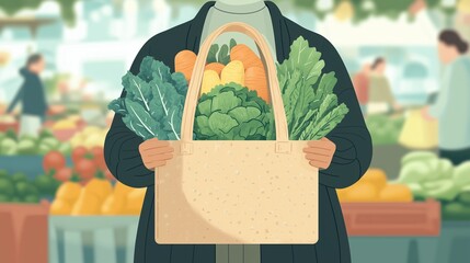 Close up hands holding a reusable grocery bag filled with fresh organic produce at a bustling farmers market.