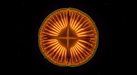 Fluorescent lotus pollen grains resembling starbursts under a microscope.