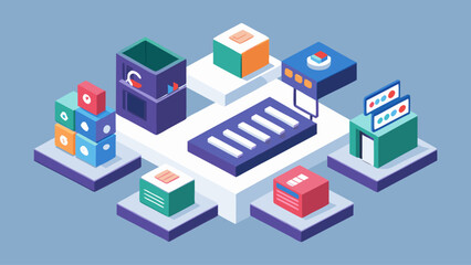 Obraz premium A blue and white image of a factory with many boxes and a computer. The boxes are of different colors and sizes, and the computer is on the right side of the image