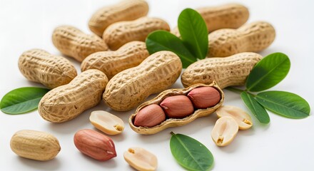 Raw Peanuts in Shell and Peeled on White Background