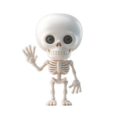 Cute 3D cartoon skeleton character waving hello, isolated on black. Ideal for Halloween, anatomy, or friendly greeting concepts.