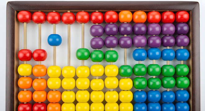 Close-up of a colorful abacus, a counting tool with wooden beads in rows and columns
