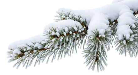 Close-up of a snow-covered pine branch against a white background, perfect for winter themes