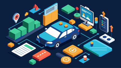 Obraz premium A blue car is shown in a city scene with a computer monitor, a cell phone, and a tablet. The car is surrounded by boxes and other objects, and there is a clock on the right side of the image