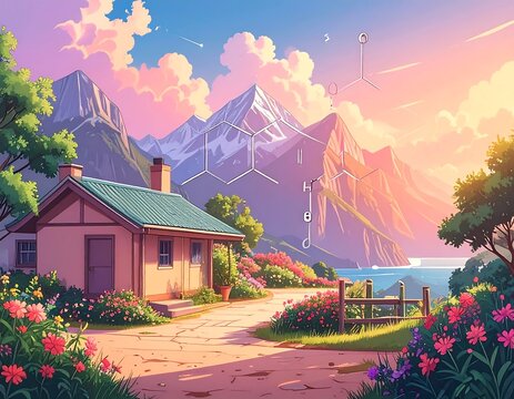 Serene mountain cabin nestled in a vibrant floral landscape at sunset, with a chemical structure subtly overlaid - Powered by Adobe
