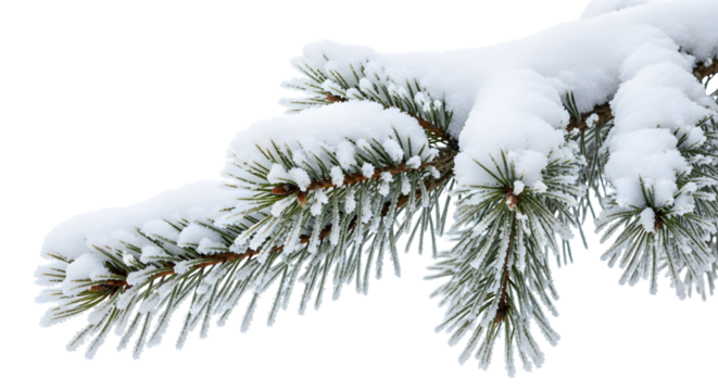 Close-up of a snow-covered pine branch against a white background, perfect for winter themes