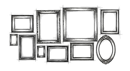Elegant hand drawn sketch style picture frames arranged on a white background creating a gallery