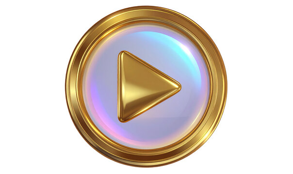 Transparent Background, PNG Futuristic Holographic Gold Play Button with Light Reflections